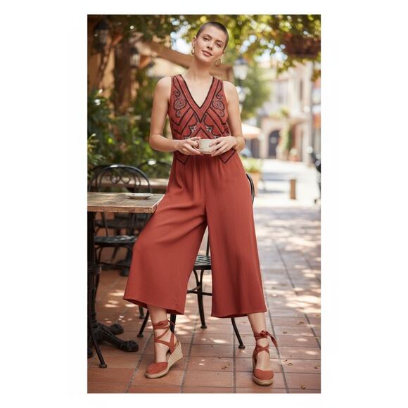 Anthropologie Maeve Embroidered Lace Burnt Orange Black Cropped Jumpsuit Size 14 - Picture 1 of 8